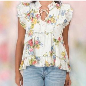 Anthropology Love The Label Helena Ivory Floral Ruffles Peasant Style Cotton L